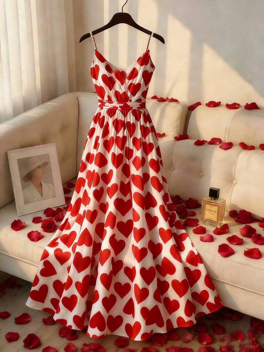 SHEIN Franclia 女士春夏新款珍珠链条吊带连衣裙，优雅长裙，V领收腰设计，心形面料，适合情人节、约会、派对、通勤等场合。 - 紅白色 - 查看 1