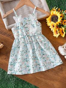 SHEIN Playful Pals 2024 Summer New Floral Strap Dress, Pastoral Style For Baby Girl - Multicolor - View 3