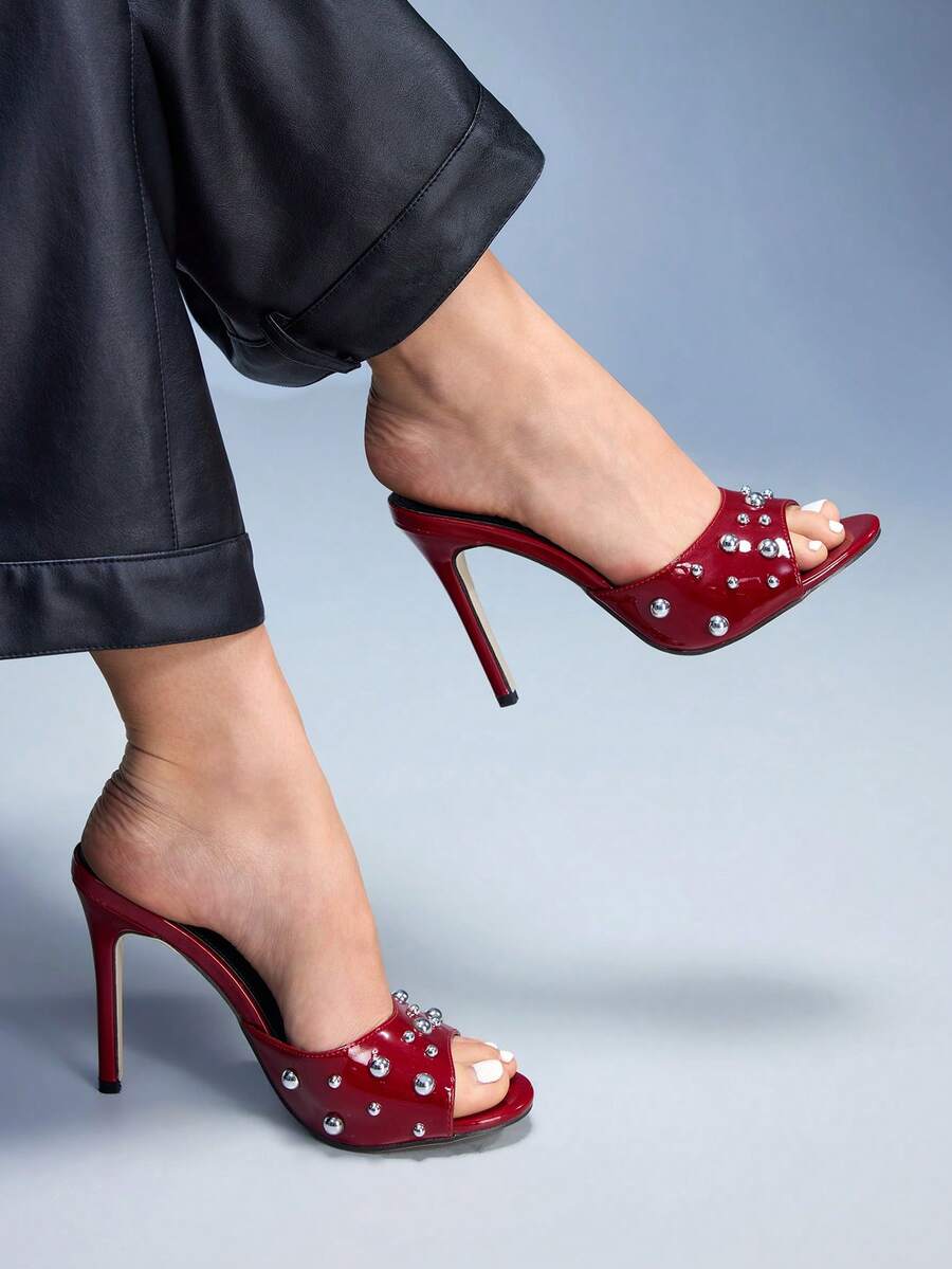CUCCOO GRLICON Giày sandal cao gót mũi nhọn kiểu punk cá tính, thiết kế đinh tán kim loại, hàng mới về mùa hè dành cho nữ, kèm quai đeo. - Màu Đỏ Sâu - Xem 1