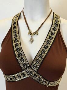 Jeanoix Đầm nữ đính sequin và ruy băng, vạt lệch, cổ chữ V sâu, hở lưng, cổ yếm. - màu đen - Xem 4