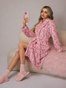 HautHeat Bata de mujer con estampado de leopardo, de felpa, de manga larga, con nudo en la cintura, de moda - Rosa - Ver 7