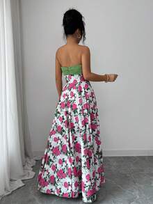 Elenzga 无肩带收腰A字撞色拼接优雅浪漫连衣裙，适合茶会和聚会 - 彩色 - 查看 2