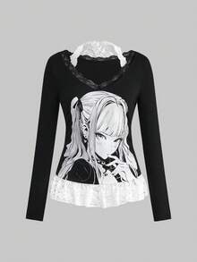 ROMWE Anime Medical Theme Print Contrast Lace Long Sleeve 2 In 1 T-Shirt (Includes Lace Camisole And Lace Hem Patchwork) - Black - View 1