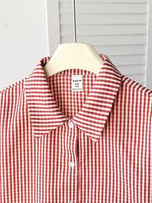 SHEIN 少女格子短袖单排扣休闲衬衫 - 粉色 - 查看 2