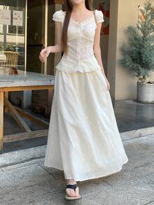 DAZY 女士V领蕾丝休闲韩版衬衫+半裙两件套 - 白色 - 查看 1