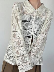 FRIFUL Solid Color Lapel Sheer Lace Fabric Layered Loose Casual Versatile Blouse - White - View 5