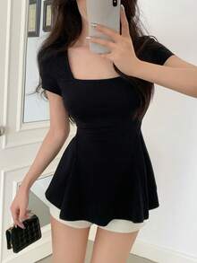 DAZY Women Solid Color Scoop Neck Ruffle Hem Casual Short Sleeve T-Shirt, Summer Preppy Tops Vacation Babydoll Top Cute Tops - Black - View 1