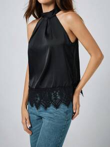 Maija Women's Black Halter Neck Lace Patchwork Tie-Up Camisole Black Top Women Blouses Black Party Top Lace Trim Top Valentine's Day Elegant Women's Blouses Vacation Outfits Women Spring To Summer - Black - View 4