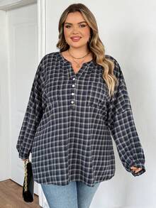 SHEIN CURVE+ Plus Size Women's Casual Checkered Stand Up Collar Shirt, Spring Navy Blue Shirt, Spring Summer Women's Shirt, Country Style, Country Style - Navy Blue - View 3