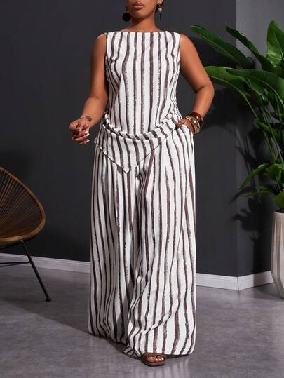 Slaydiva Plus Size Women's Summer Wide Stripe Brown Round Neck Sleeveless Ruffle Asymmetric Top And Wide Leg Pants Two Pieces Set, Suitable For Women's Summer Clothing, Christmas, New Year, Thanksgiving, Beach, Elegant Outfit, Social Top, Commute, Daily, Business, Airport, Party, Graduation