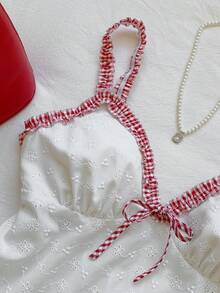 Comfortcana 女士Y2K格子蘑菇边装饰娃娃衫吊带背心，夏季女装 - 白色 - 查看 4