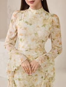 Veilorie Women's Floral Print Stand Collar Flare Sleeve Ruffle Hem Elegant Dress - Multicolor - View 7