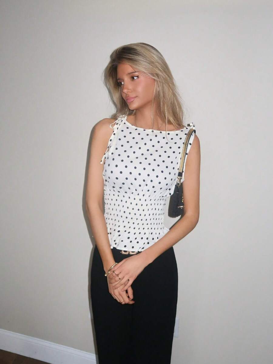 Sydney Algeri Blusa informal versátil de mujer con diseño de lunares, lazada en el hombro y cordón ajustable en la cintura, apropiada para uso diario y viajes, primavera/verano - Albaricoque - Ver 1