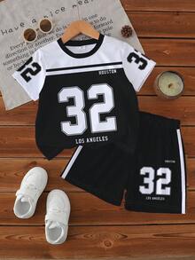 一套幼儿运动风黑白数字“32”印花短袖短裤套装，非抓绒材质。适合日常运动、郊游、春夏季穿着。 - 彩色 - 查看 3