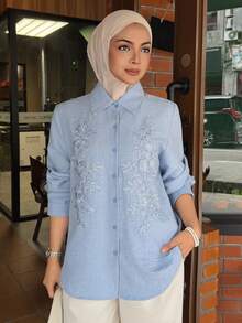 DAZY Women's Casual Lace Patchwork Blouse, Spring/Summer - Blue - View 1
