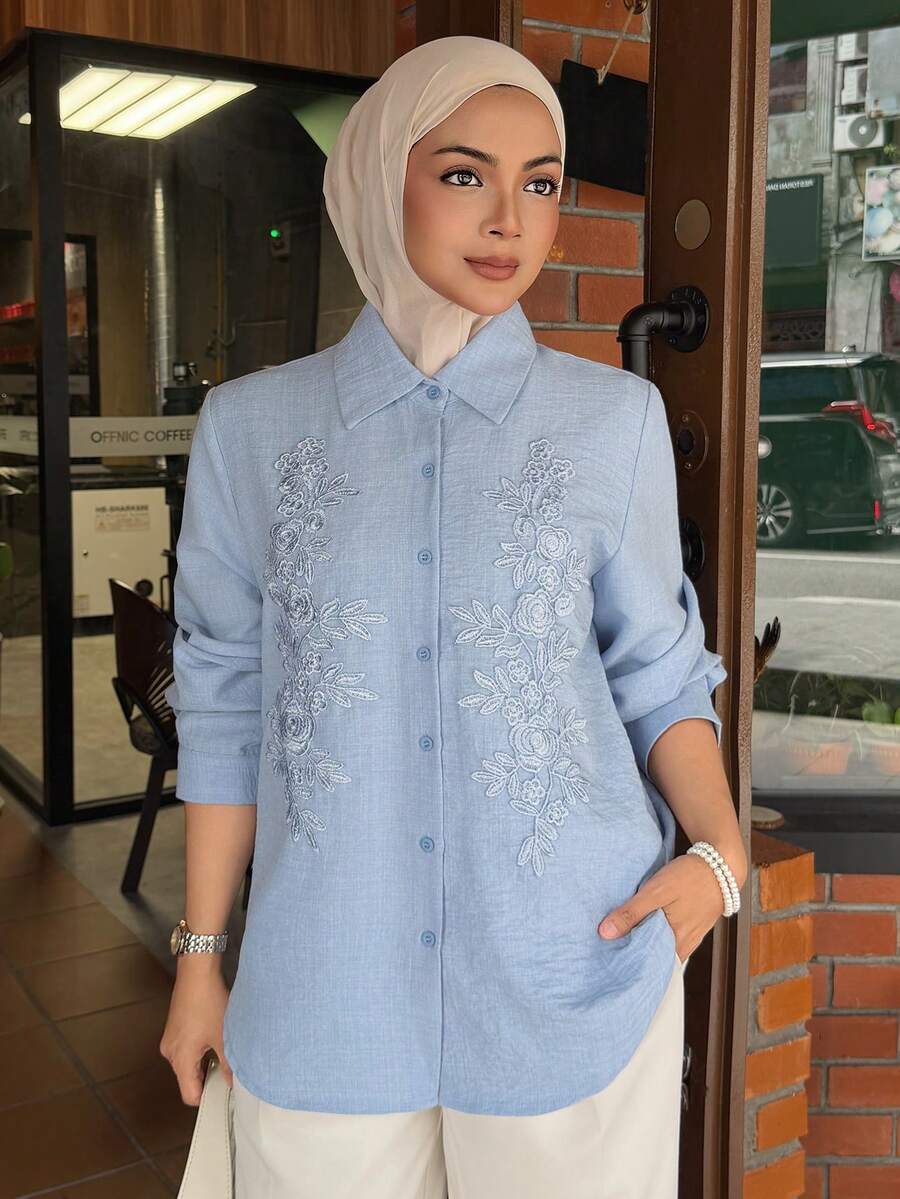 DAZY Women's Casual Lace Patchwork Blouse, Spring/Summer - Blue - View 1