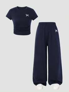 Emery Rose Kids 少女休闲蝴蝶结印花荷叶边T恤套装 - 藏蓝色 - 查看 3