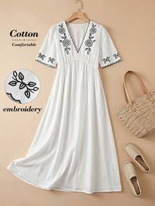 Rusticease Women's Embroidered V-Neck Ruched Casual Short Sleeve Dress - Multicolor - View 1