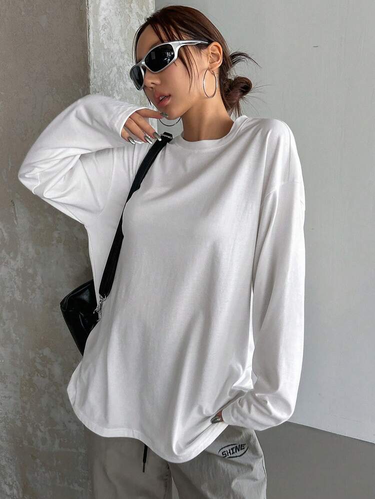 Solid Color Round Neck Loose Long Length Long Sleeve Ladies T-Shirt,Fall Clothes