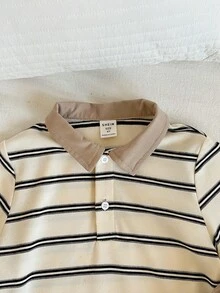 SHEIN 两件套男童夏季休闲可爱撞色条纹POLO领短袖上衣搭配松紧腰短裤套装，适合生日派对、锐舞派对、晚宴、演出、婚礼等场合。 - 彩色 - 查看 5