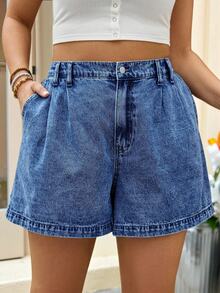 SHEIN Tall CURVE Plus Size Plain Simple Everyday Denim Shorts - Dark Wash - View 2