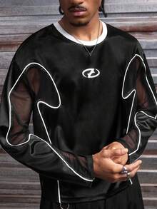 AXEPEAK 男士几何印花圆领休闲宽松长袖T恤 - 黑色 - 查看 1