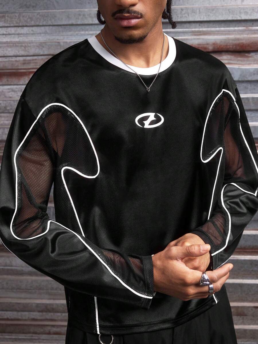 AXEPEAK 男士几何印花圆领休闲宽松长袖T恤 - 黑色 - 查看 1