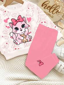 SHEIN 2件套女婴休闲可爱卡通蝴蝶结、猫咪、小熊和爱心印花柔软圆领长袖卫衣和打底裤套装，适合春秋季日常穿着 - 彩色 - 查看 5