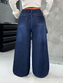 Dripcurv 大码女式黑色复古水洗休闲宽松直筒牛仔裤，镶钻黑色牛仔裤，新年服装，圣诞节。 - 深色水洗藍 - 查看 2