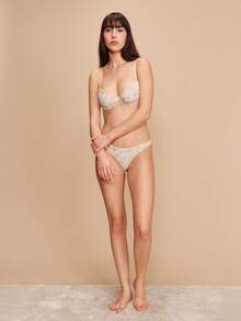 lacRébo Bộ đồ lót lưới in hoa màu vàng gồm áo ngực có gọng và quần lót cùng màu, lãng mạn, dễ thương, phong cách Pháp mùa xuân hè. - Nhiều màu - Xem 5