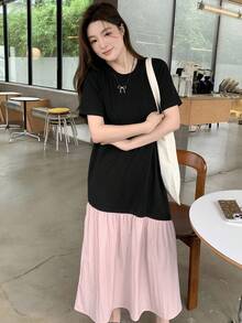 DAZY 女式长款拼布连衣裙、荷叶边连衣裙、休闲女装 - 黑色 - 查看 4