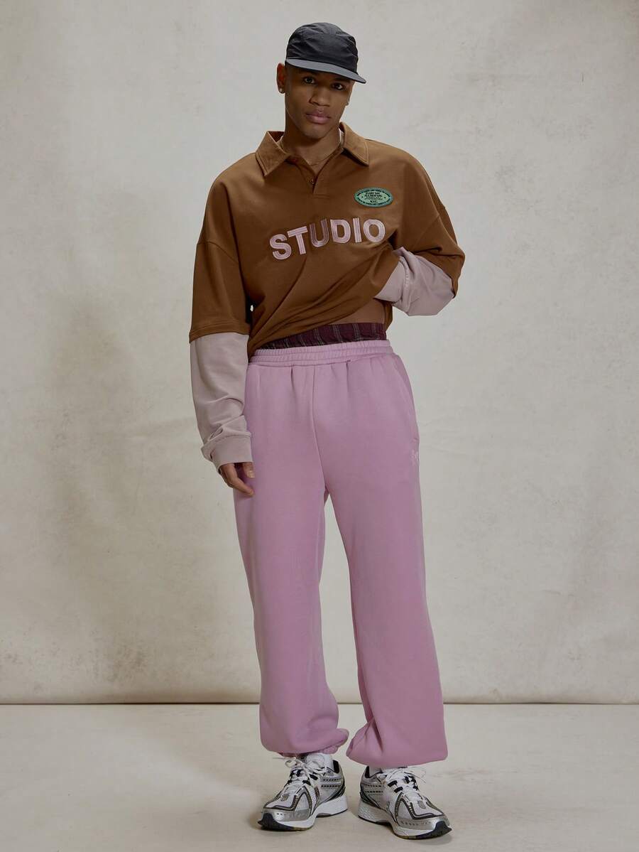 Musero 宽松束口针织运动裤，基础款纯色慢跑裤，双层平角腰带，冬季必备单品 - 藕粉色 - 查看 1