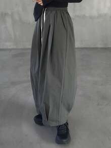 女士纯色深灰色褶裥阔腿裤，松紧腰带配撞色抽绳，宽松休闲百搭长裤 - 深灰色 - 查看 2