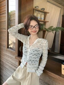 DAZY 韩版女士蕾丝透视小众修身连帽拉链外套 - 灰色 - 查看 10