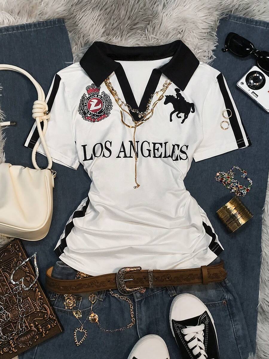 Glimmora 2000 年代复古女式休闲印花 Polo 领短袖上衣，时尚休闲，符合潮流，适合日常穿着、派对和音乐节。 - 彩色 - 查看 1