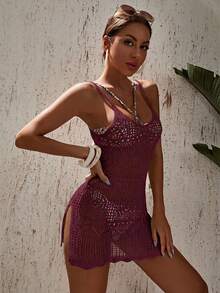 Swim Vcay Vacation Beach Solid Color Hollow Out Knit Cover Up - Burgundy - View 3