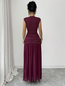 Selianne Robe longue plissée en mousseline de soie avec col Mao, manches larges et taille élastique en tricot pour femmes, rouge angora, élégante et sophistiquée, style romantique français rétro, convient pour le travail, les affaires, la plage, les occasions décontractées, simple et polyvalente, adaptée pour le mariage, la Saint-Valentin, le thé de l'après-midi, les fêtes, nouvelle arrivée pour le printemps/été - Bordeaux - Voir 2