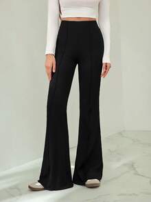 SHEIN Tall Lettuce Trim Elastic Women's Flared Pants - Black - View 4