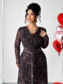 Elenzga Plus Size Women Elegant Leopard Print Cinched Waist Long Sleeve Dress, Autumn - Multicolor - View 6