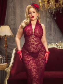 PinupPomp Plus Size Floral Lace, Pearl, Glitter, Ruched, Sheer, Everyday, Vintage, Sexy, Open Back, Layering, Outerwear, Party, Evening Lingerie - Black - View 7