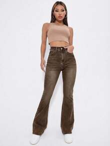 SHEIN Unity Washed Denim Blue High Waist Flare Leg Jeans - Coffee Brown - View 4