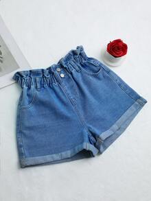 GlowEve 女士荷叶边松紧腰带口袋阔腿牛仔短裤 - 藍色 - 查看 1