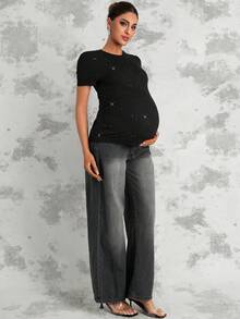 MaterniChic 孕妇时尚休闲亮片圆领短袖T恤 - 黑色 - 查看 6