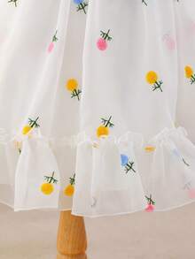 Glamorique Kids 小女孩彩色刺绣花朵连衣裙，短款花瓣袖公主裙，蓬蓬裙摆，儿童派对服装，适合节日、婚礼、派对等场合，后背饰有蝴蝶结。 - 米色 - 查看 3