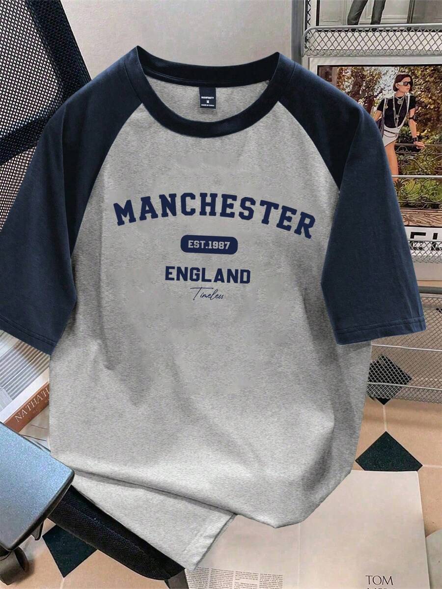 Manfinity Joysei 海军蓝与浅灰色花卉撞色字母印花插肩袖T恤，休闲时尚男士款 - 彩色 - 查看 1