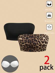 SHEIN SXY 2 Packs Women's Stretch Strapless Casual Versatile Sexy Cropped Tops With Built-In Bra Pads,Tube Top, Leopard Print , Cheetah Print - Multicolor - View 1