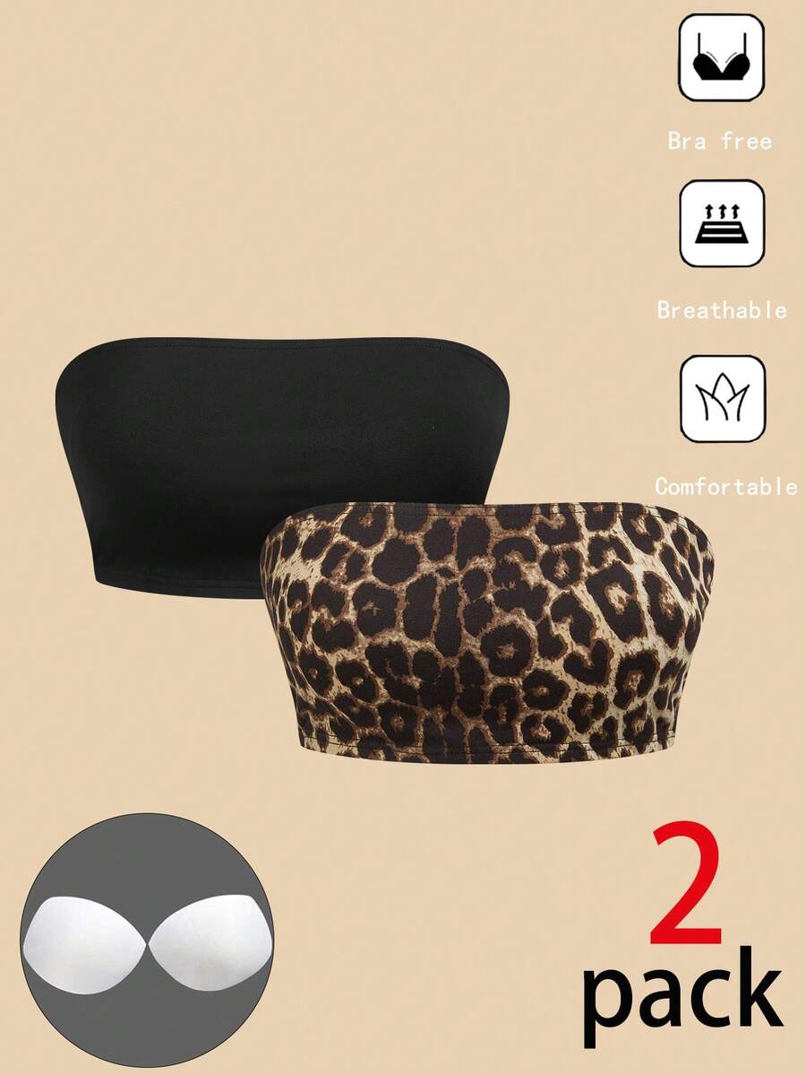 SHEIN SXY 2 Packs Women's Stretch Strapless Casual Versatile Sexy Cropped Tops With Built-In Bra Pads,Tube Top, Leopard Print , Cheetah Print - Multicolor - View 1
