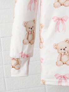 SHEIN 女童休闲舒适卡通图案圆领长袖上衣和裤子家居服套装 - 米色 - 查看 4