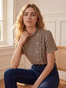 Écloséra 女士休闲荷叶边格子短袖衬衫，夏季 - 杏色 - 查看 7