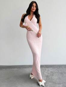 Firerie Đầm maxi ôm sát không tay cổ chữ V thanh lịch, lãng mạn, chất liệu vải dệt họa tiết, thích hợp cho những buổi hẹn hò, mùa xuân/hè. - Hồng - Xem 5